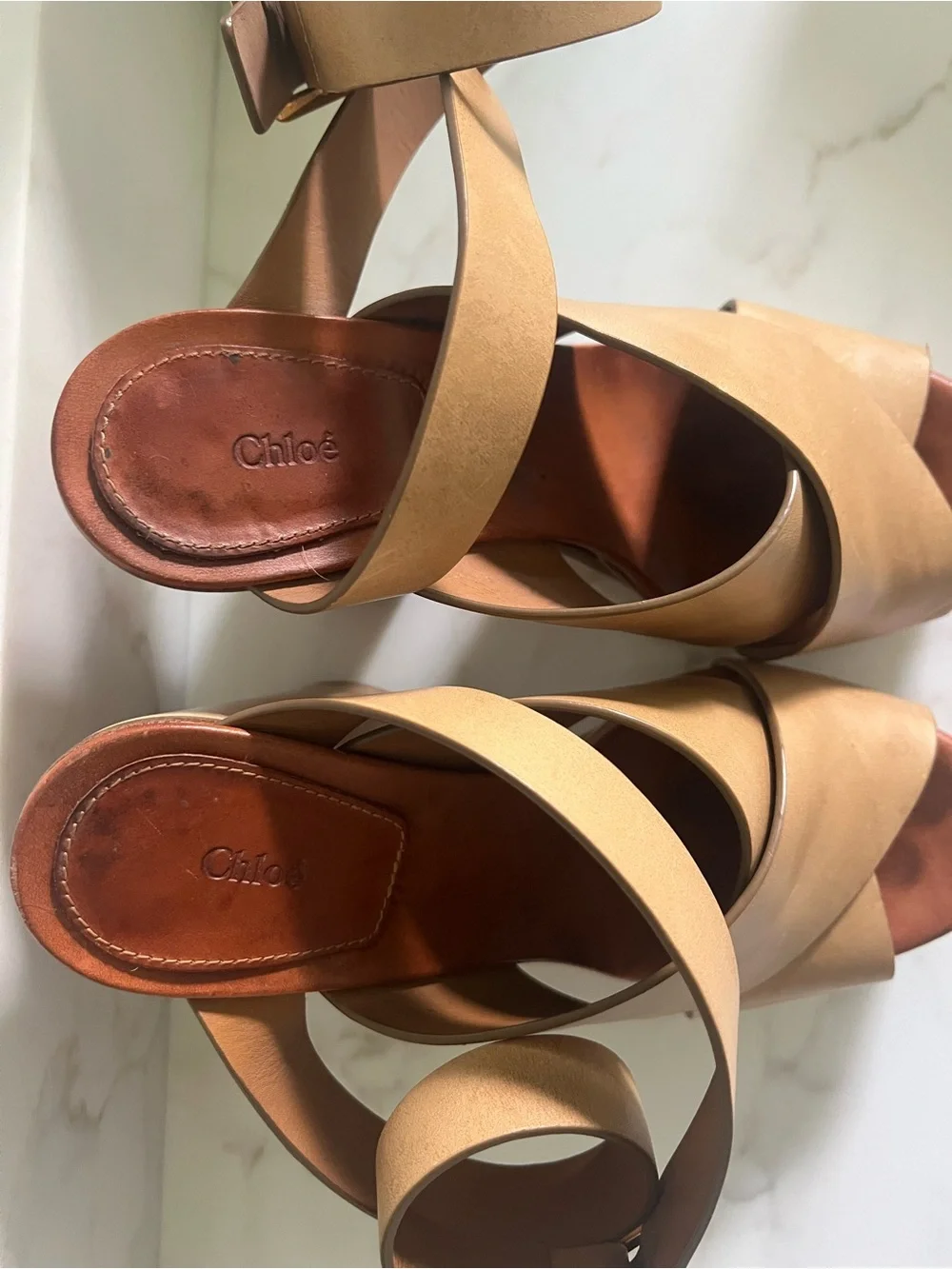 Authentic Chloe Tan Crossover Ankle Strap Platform Heels - Women’s 38.5